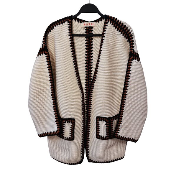 Marni Hand-Knit 100% Cashmere Cardigan Cream with Contrast Trim - Picture 1 of 5